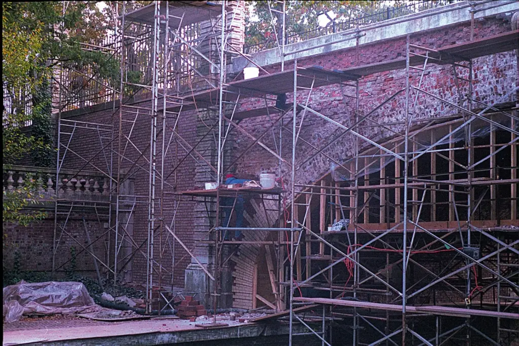 What is tuckpointing? Scaffolding over historic bridge for brick tuckpointing