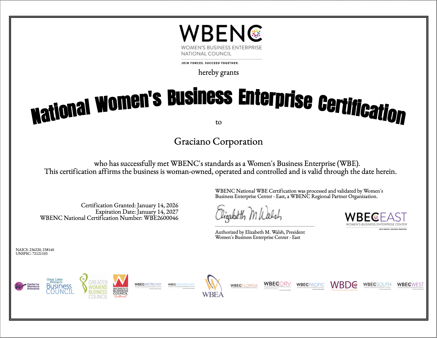 WBE-Certification WBENC National Womens Business Enterprise Certification for Graciano Corporation